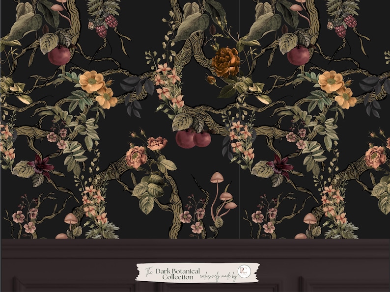May include: Dark botanical wallpaper featuring a repeating pattern of flowers, fruits, and mushrooms on a black background. The design includes branches with gold accents, and the text "The Dark Botanical Collection" is visible at the bottom.