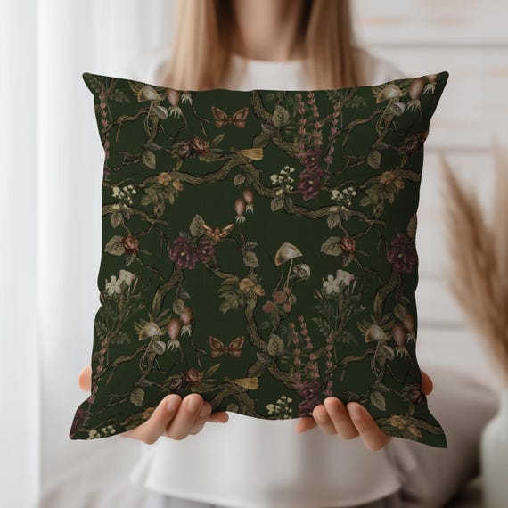 Dark Green Chinoiserie Botanical Pillow, Moody Vintage Nature Mushroom Cushion, Cottagecore Accent