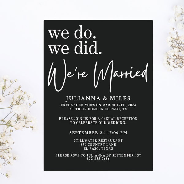 Custom Modern Black Wedding Announcement, Minimalist Reception Invitation For Elopement Wedding, Photo Wedding Invitation For Keepsake Gift