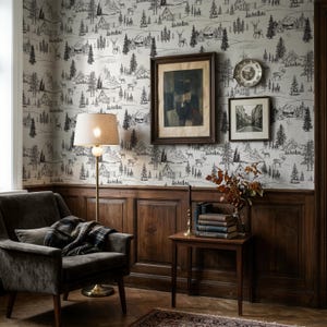 Papel pintado con estampado de bosque, cabaña rústica de montaña, pared decorativa con ambiente natural. imagen 3