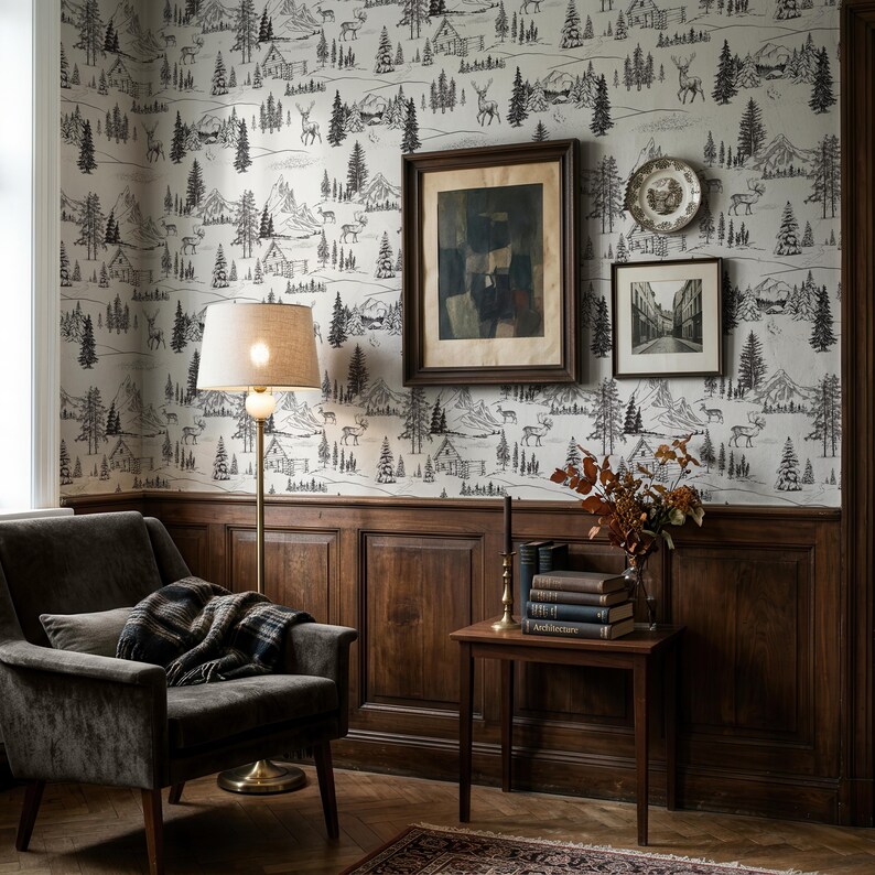 Papel pintado con estampado de bosque, cabaña rústica de montaña, pared decorativa con ambiente natural. imagen 3