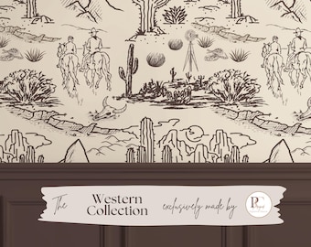 Western Toile Wallpaper Scenic Desert Wall Mural Peel & Stick Cowboy Ranch Motif Accent Wall Traditional, Vinyl, Prepasted Custom Wallpaper