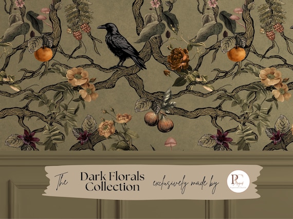 Moody Gothic Chinoiserie Wallpaper | Vintage Raven Floral Wall Mural | Dark Cottagecore Wall Decor | Peel & Stick, Pre-pasted, Traditional