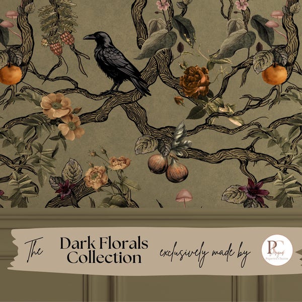 Moody Gothic Chinoiserie Wallpaper | Vintage Raven Floral Wall Mural | Dark Cottagecore Wall Decor | Peel & Stick, Pre-pasted, Traditional