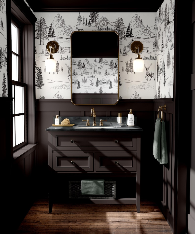 Papel pintado con estampado de bosque, cabaña rústica de montaña, pared decorativa con ambiente natural. imagen 1