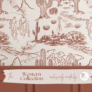 Western Toile Wallpaper Cowboy Desert Scene Peel and Stick Western Wall Mural For Nursery Rustic Farmhouse Landscape Decor Custom Wallpaper