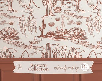 Western Toile Wallpaper Cowboy Desert Scene Peel and Stick Western Wall Mural For Nursery Rustic Farmhouse Landscape Decor Custom Wallpaper