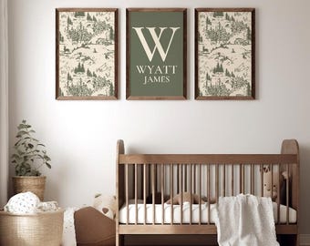 Personalized Deer Nursery Print: Hunter Green Woodland Cabin Art