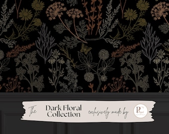 Dark Botanical Wallpaper Black Floral Peel & Stick Removable Wallpaper Vintage Floral Wall Mural Moody Botanical Wallpaper For Bedroom