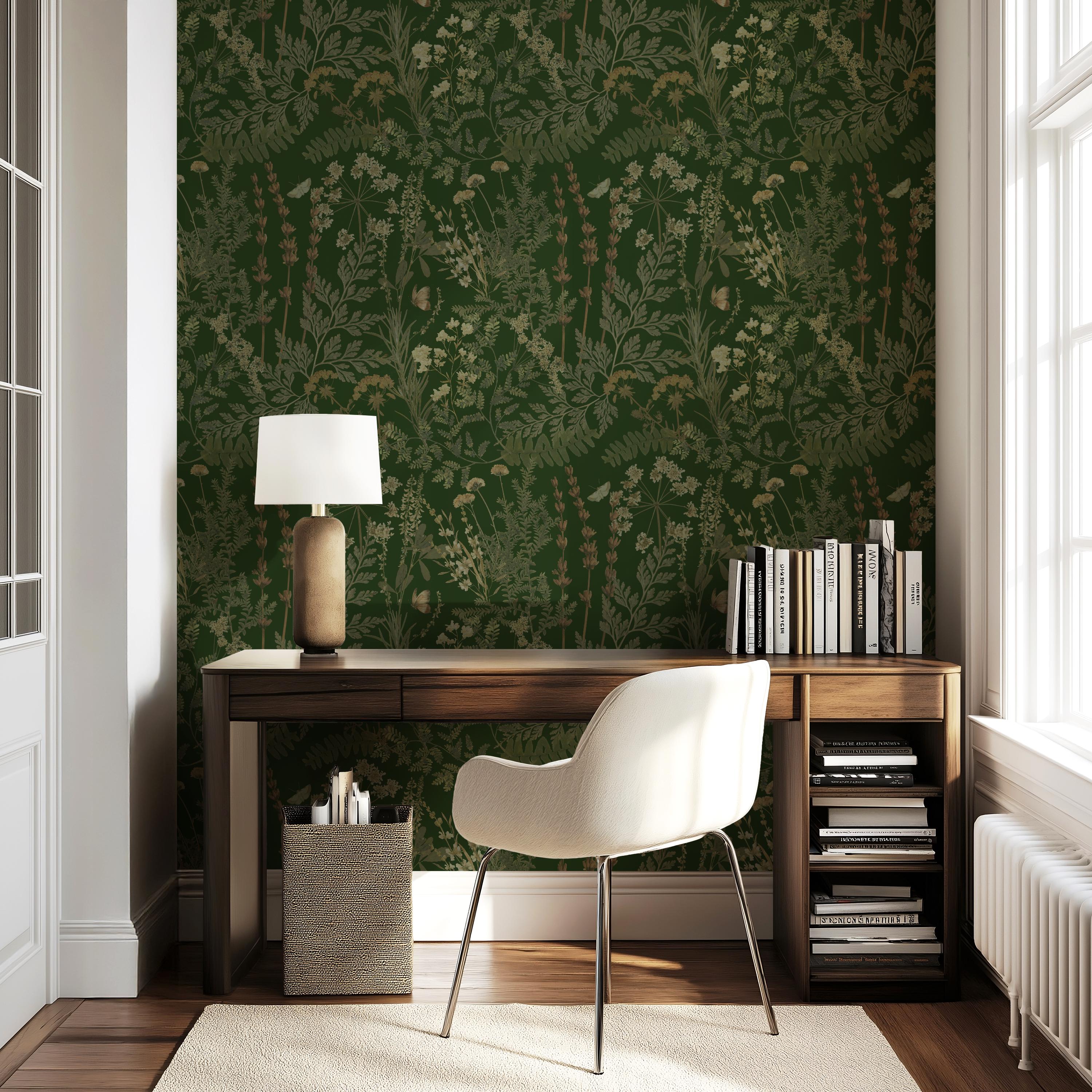 Dark Green Botanical Wallpaper Peel & Stick Vintage Floral Apothecary ...