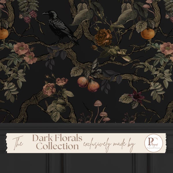 Gothic Chinoiserie Wallpaper Dark Moody Floral Mural with Raven Dark Academia Bedroom Decor Victorian Goth Bathroom Peel & Stick, Prepasted