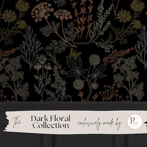 Moody Black Botanical Wallpaper Peel & Stick Dark Muted Wildflower Wall Mural Apothecary Bathroom  Wall Covering Dark Academia Bedroom Decor