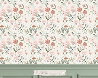 May include: Floral wallpaper featuring a repeating pattern of pink and rust-colored flowers with green leaves on a cream background. The Nursery Collection is exclusively made by P.