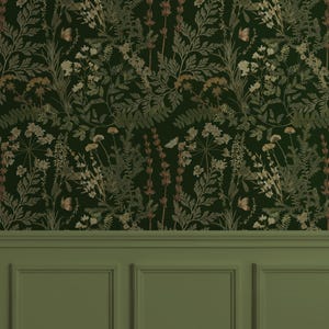 Dark Green Botanical Wallpaper Peel & Stick Vintage Floral Apothecary Mural Moody Cottagecore Removable Wallpaper Cozy Maximalist Home Decor