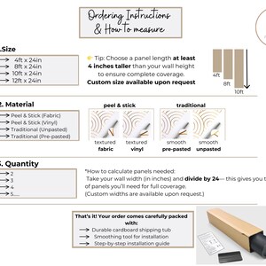 May include: An informational graphic with instructions for ordering wallpaper panels. It details sizes, materials (peel & stick and traditional), and quantity calculations. Includes a diagram and a note about custom sizes.