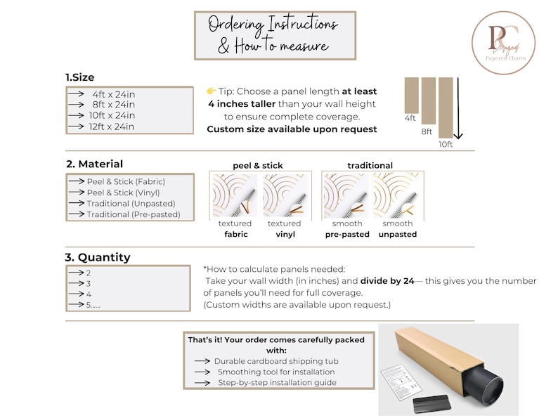 May include: An informational graphic with instructions for ordering wallpaper panels. It details sizes, materials (peel & stick and traditional), and quantity calculations. Includes a diagram and a note about custom sizes.