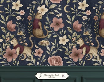 Modern Heritage Mural - Antique Slate Blue Secret Garden Wallpaper - Moody Maximalist Dark Academia Decor -Designer Sample Kit Included