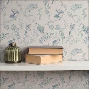 Chinoiserie Peel and Stick Wallpaper Französisch Blau Toile Tapete Vintage Floral Wandbild mit Vögel Botanische Abnehmbare Tapete