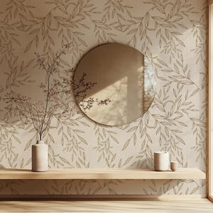 Beige Botanical Faux Linen Textured Wallpaper Peel and Stick Removable Wall Covering Vintage Floral Neutral Wall Art for Bedroom Living Room
