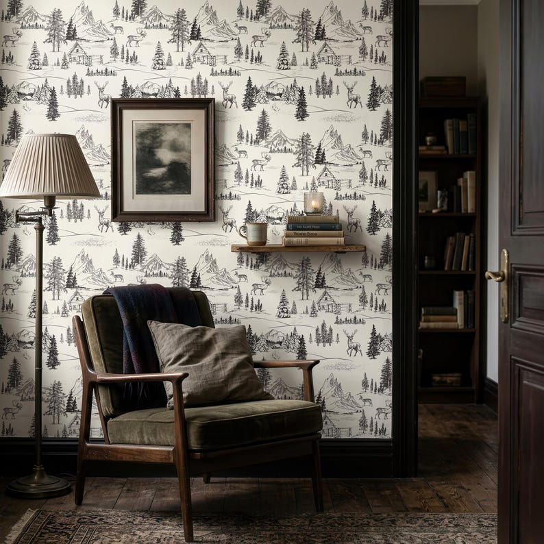 Papel pintado con estampado de bosque, cabaña rústica de montaña, pared decorativa con ambiente natural. imagen 2
