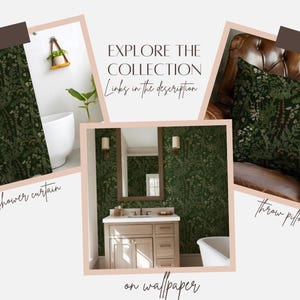 Puede incluir: Imagen que muestra una colecci&oacute;n de art&iacute;culos de decoraci&oacute;n para el hogar con tem&aacute;tica bot&aacute;nica. Los art&iacute;culos incluyen una cortina de ducha, un coj&iacute;n y papel pintado, todos con un estampado floral verde oscuro. El texto "EXPLORE THE COLLECTION" es visible.