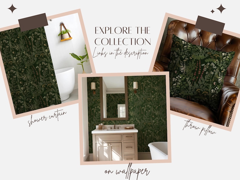 Puede incluir: Imagen que muestra una colecci&oacute;n de art&iacute;culos de decoraci&oacute;n para el hogar con tem&aacute;tica bot&aacute;nica. Los art&iacute;culos incluyen una cortina de ducha, un coj&iacute;n y papel pintado, todos con un estampado floral verde oscuro. El texto "EXPLORE THE COLLECTION" es visible.