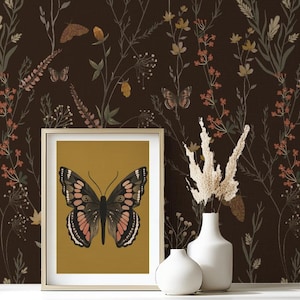 Dark Brown Botanical Wallpaper Peel and Stick Vintage Wildflower Wall Mural Cottagecore Dark Floral Wallpaper Removable Wall Decor