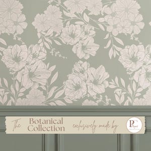 Sage Green Floral Peel and Stick Wallpaper Neutral Modern Botanical Wall Art for Living Room, Bedroom, Nursery, Removable Designer Wallpaper