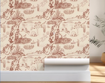 Western Toile Wallpaper Scenic Cowboy Desert Removable Wallpaper Rustic Cactus Wall Mural Terracotta Country Western Wall Art Boy Room Decor