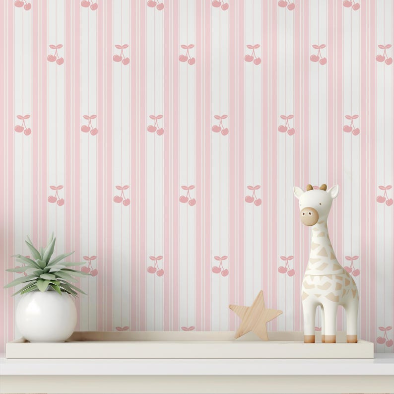 Pink Cherry Striped Wallpaper: Baby Girl Nursery Peel and Stick Mural ...