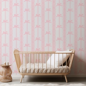 Carta da parati per bambini con fiocco rosa, staccabile e adesiva, per bambina, elegante parete decorativa a strisce con nastro per camera da letto, carta da parati tradizionale intrecciata per bambini