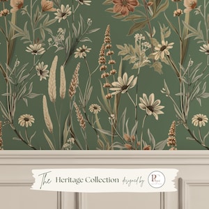 May include: Green floral wallpaper featuring a repeating pattern of daisies, wheat, and other wildflowers in shades of cream, brown, and tan. The wallpaper has a vintage aesthetic. The text "The Heritage Collection" is at the bottom.