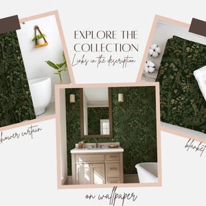 May include: An image showcasing a collection of home decor items. The image includes a shower curtain, a blanket, and wallpaper, all featuring a dark green floral pattern. The text "EXPLORE THE COLLECTION" is displayed, along with the phrase "Links in the description".