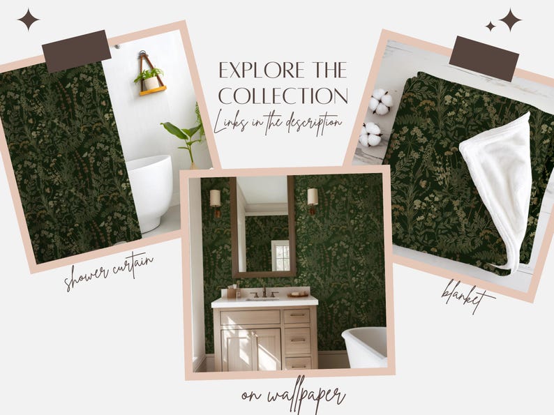 May include: An image showcasing a collection of home decor items. The image includes a shower curtain, a blanket, and wallpaper, all featuring a dark green floral pattern. The text "EXPLORE THE COLLECTION" is displayed, along with the phrase "Links in the description".