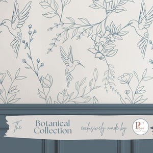 Tapeta z motywem ptaków w stylu chinoiserie | Niebieski mural z motywem botanicznym | Uspokajająca ściana akcentowa do pokoju dziecięcego | Elegancki wystrój domu w stylu nadmorskim i tradycyjnym