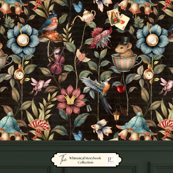 Dark Whimsical Botanical Wallpaper, Moody Vintage Storybook Floral, Dark Academia Mural, Eclectic Victorian Decor, Premium Peel & Stick