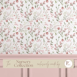 Pink Wildflower Wallpaper Mauve Sage Green Floral Peel and Stick Wallpaper for Girl Nursery or Bedroom, Cottagecore Botanical Wall Mural