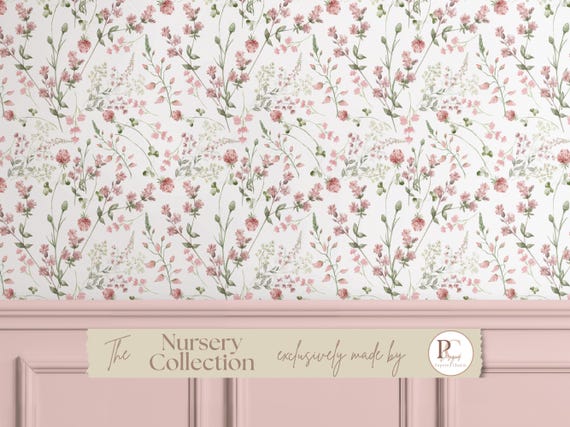 Pink Wildflower Wallpaper Mauve Sage Green Floral Peel and Stick Wallpaper for Girl Nursery or Bedroom, Cottagecore Botanical Wall Mural