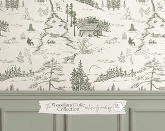 Papel pintado con estampado de perros y bosque / Pared decorativa de bosque verde salvia / Mural de pared de ciervos de caza para habitación infantil o dormitorio, papel pintado rústico de cabaña o casa de campo