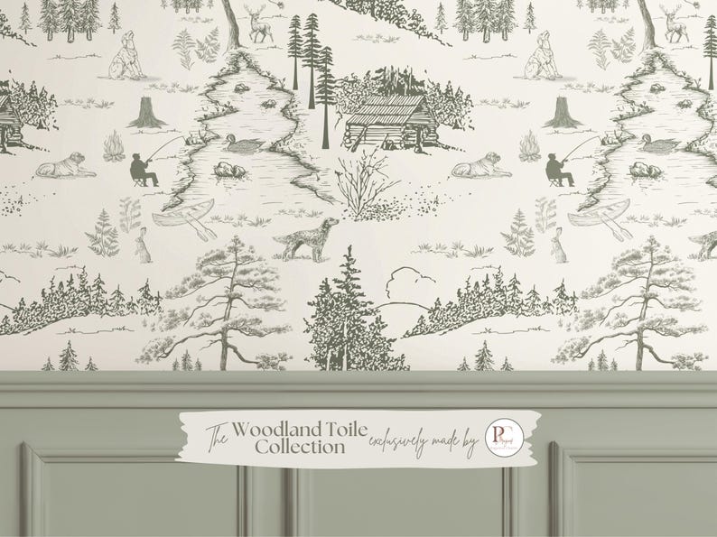 May include: Off-white wallpaper featuring a woodland toile design with illustrations of cabins, animals, and people fishing. The text "The Woodland Toile Collection" is displayed on the bottom. The design is in shades of gray and white.