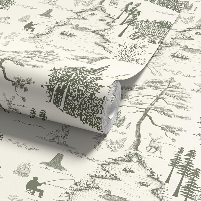 May include: A roll of wallpaper featuring a detailed forest scene in shades of green and cream. The design includes trees, deer, a dog, a fisherman, and other outdoor elements. The pattern is a repeating design.