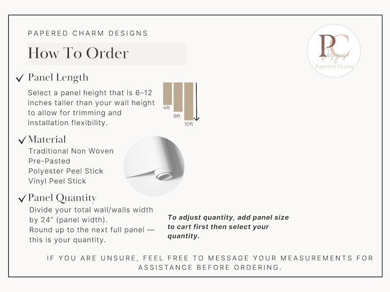 May include: A cream-colored informational graphic from Papered Charm Designs, detailing how to order wallpaper panels. It includes instructions on panel length, material options, and panel quantity, with a diagram showing panel heights. A roll of wallpaper is also shown.