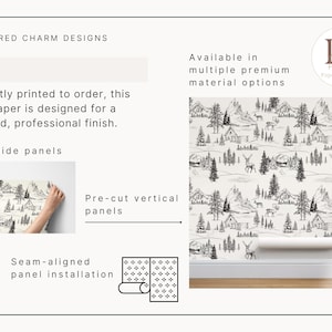 Papel pintado con estampado de bosque, cabaña rústica de montaña, pared decorativa con ambiente natural. imagen 7