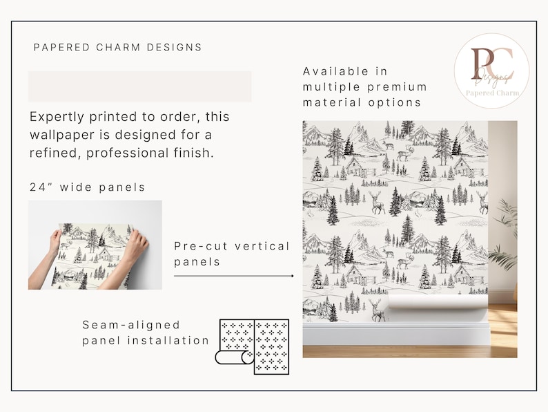 Papel pintado con estampado de bosque, cabaña rústica de montaña, pared decorativa con ambiente natural. imagen 7