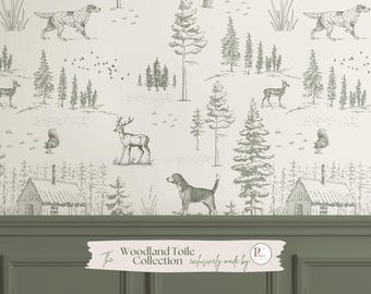 Papel pintado Dog Toile Bosque con ciervos Autoadhesivo Verde salvia Pared decorativa para guardería Mural de pared panorámico acogedor para cabaña