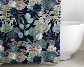 Dunkelblauer botanischer Duschvorhang, Blumenbadezimmerdekor, Boho Chic-Hausakzent, elegantes Duschdekor