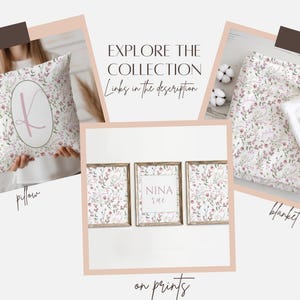 Op de afbeelding: Een collectie bloemmotief babykamerartikelen, waaronder een kussen met de letter "K", een deken en ingelijste prints. De items hebben een zacht kleurenpalet van roze, wit en groen, met de tekst "Explore the Collection".