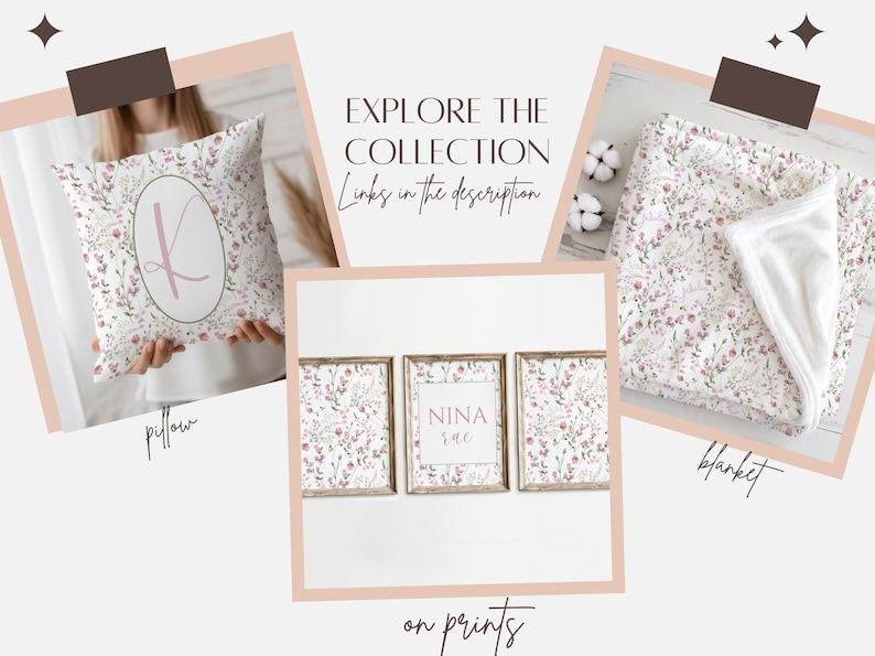 Op de afbeelding: Een collectie bloemmotief babykamerartikelen, waaronder een kussen met de letter "K", een deken en ingelijste prints. De items hebben een zacht kleurenpalet van roze, wit en groen, met de tekst "Explore the Collection".
