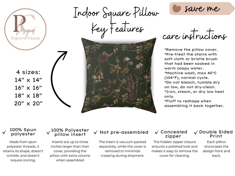 May include: Dark green square indoor pillow with a floral pattern. Available in 14x14, 16x16, 18x18, and 20x20 inch sizes. Features include a concealed zipper and double-sided print. Made of 100% spun polyester.
