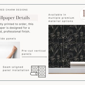 Dark Botanical Line Art Wallpaper: Black & Beige Floral Mural imagen 7